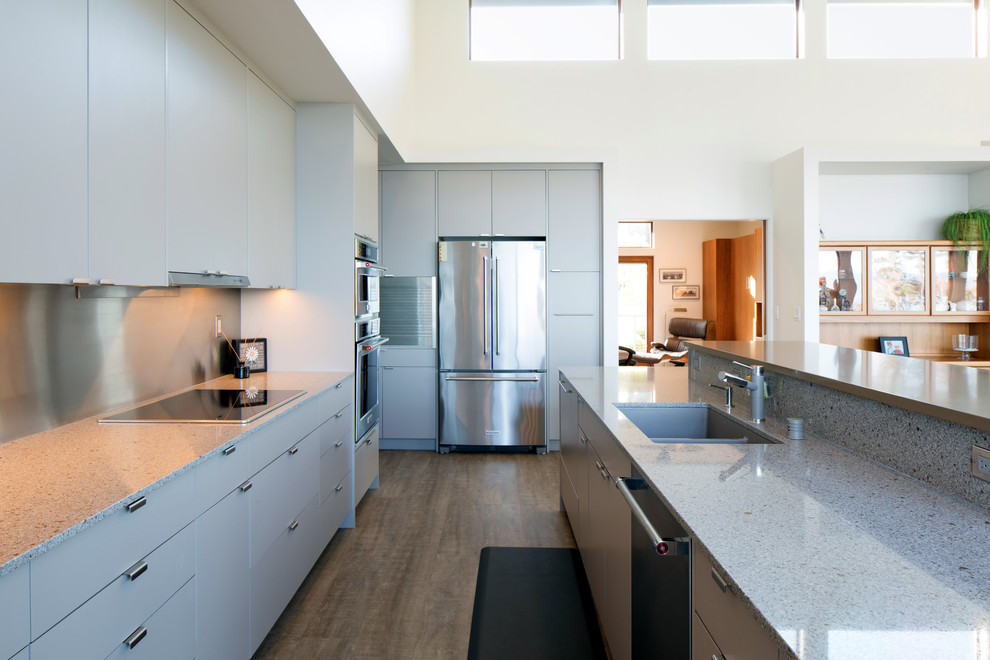 Пример оригинального дизайна: прямая кухня-гостиная среднего размера в стиле ретро с плоскими фасадами, серыми фасадами, островом и коричневым полом