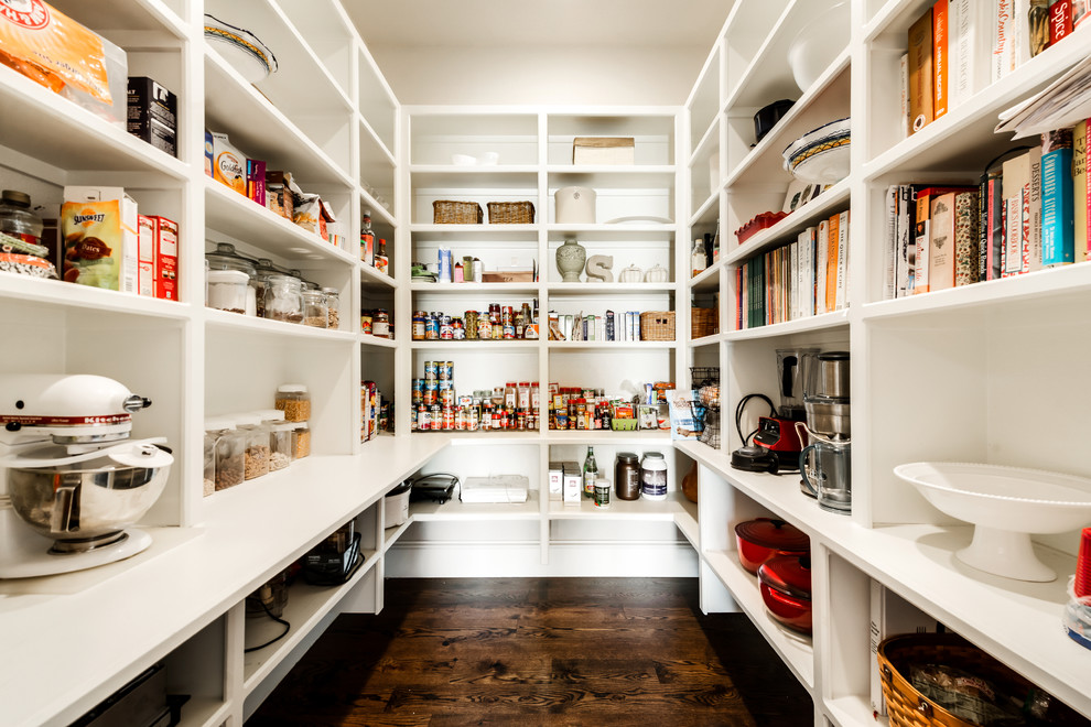 Inspiration for a large traditional u-shaped kitchen pantry in Dallas with white cabinets, open cabinets and dark hardwood flooring.