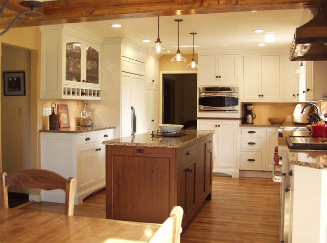 Painted Inset Kitchen with Rustic Wood Hood, Rustic Cherry Island ...