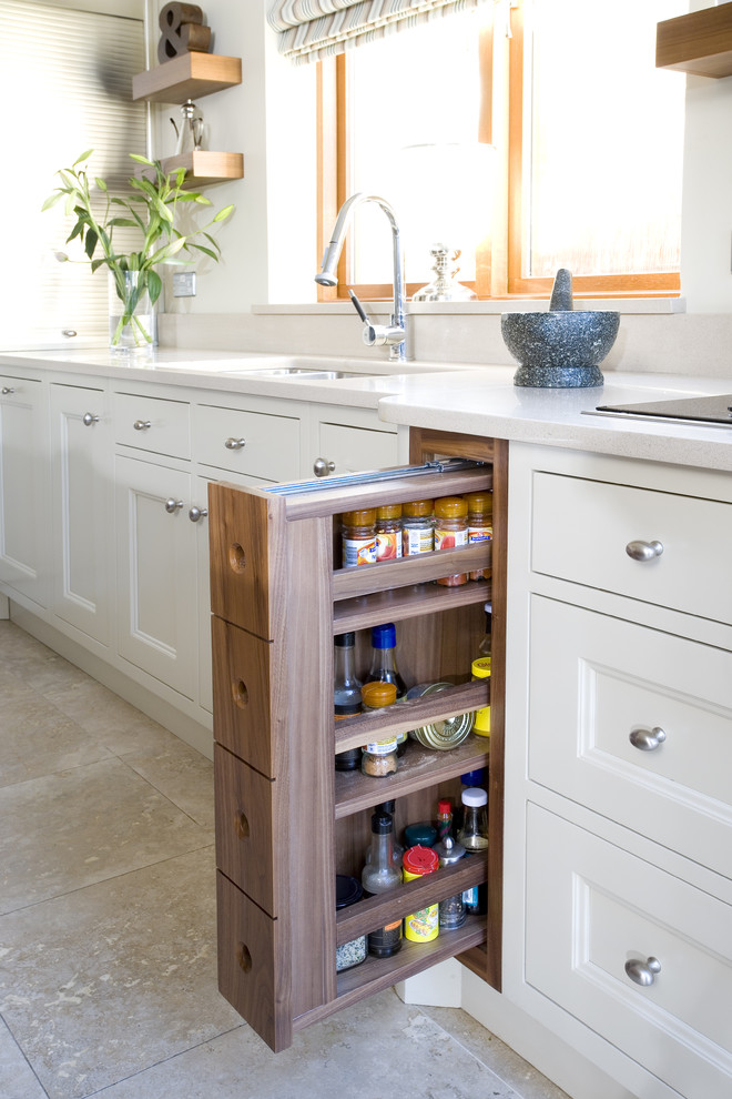 Example of a transitional kitchen design in Dublin with recessed-panel cabinets and white cabinets