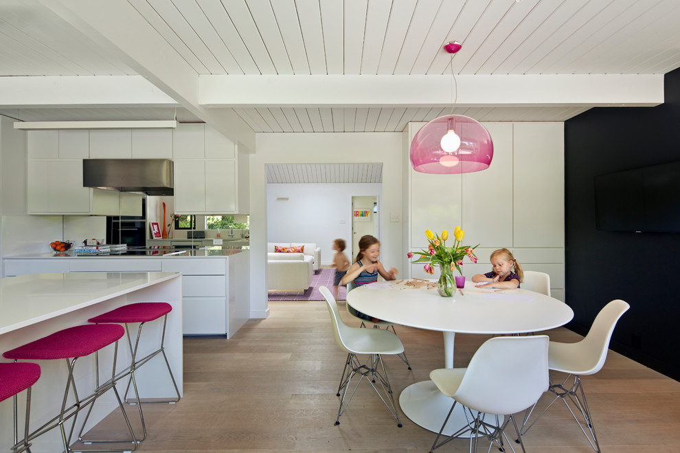 Свежая идея для дизайна: кухня в стиле ретро с плоскими фасадами и белыми фасадами - отличное фото интерьера
