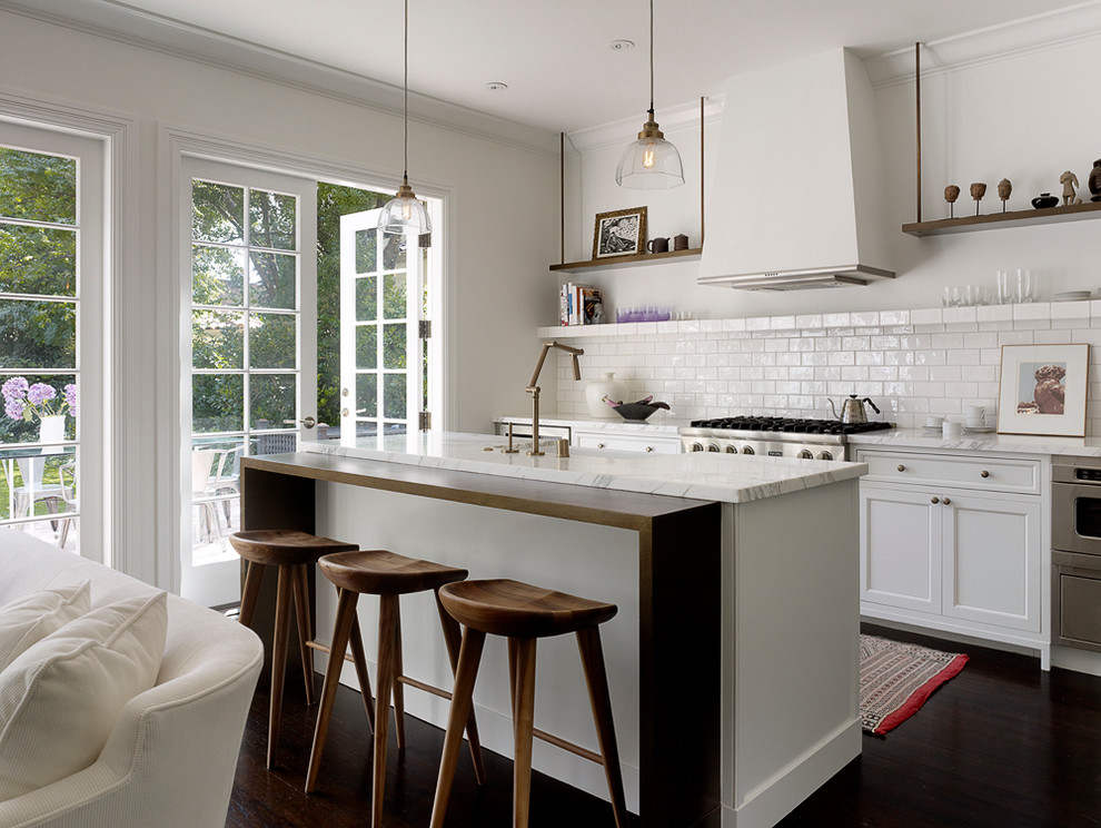 Transitional open concept kitchen photo in San Francisco with recessed-panel cabinets, white cabinets, white backsplash and subway tile backsplash