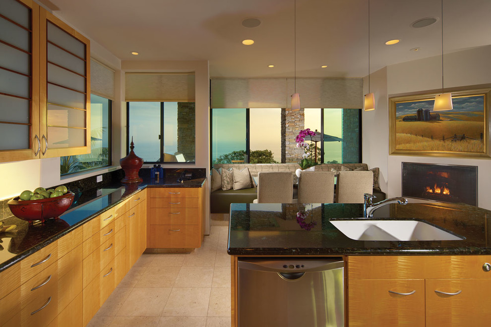Example of a mid-sized trendy open concept kitchen design in Orange County with a double-bowl sink, flat-panel cabinets, light wood cabinets, stainless steel appliances and an island