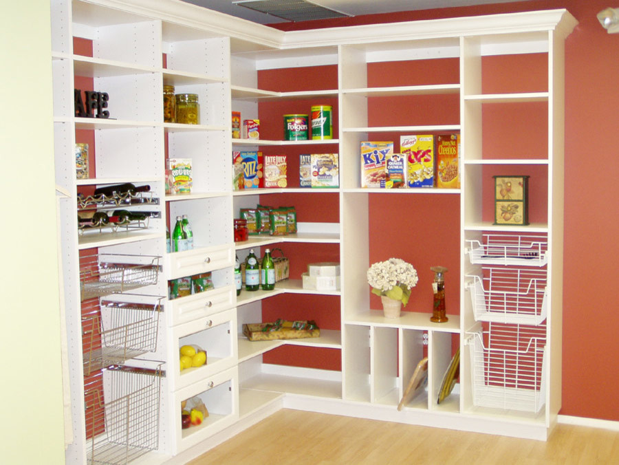 This is an example of a medium sized traditional l-shaped kitchen pantry in Cleveland with open cabinets, white cabinets, wood worktops, beige splashback, light hardwood flooring and no island.
