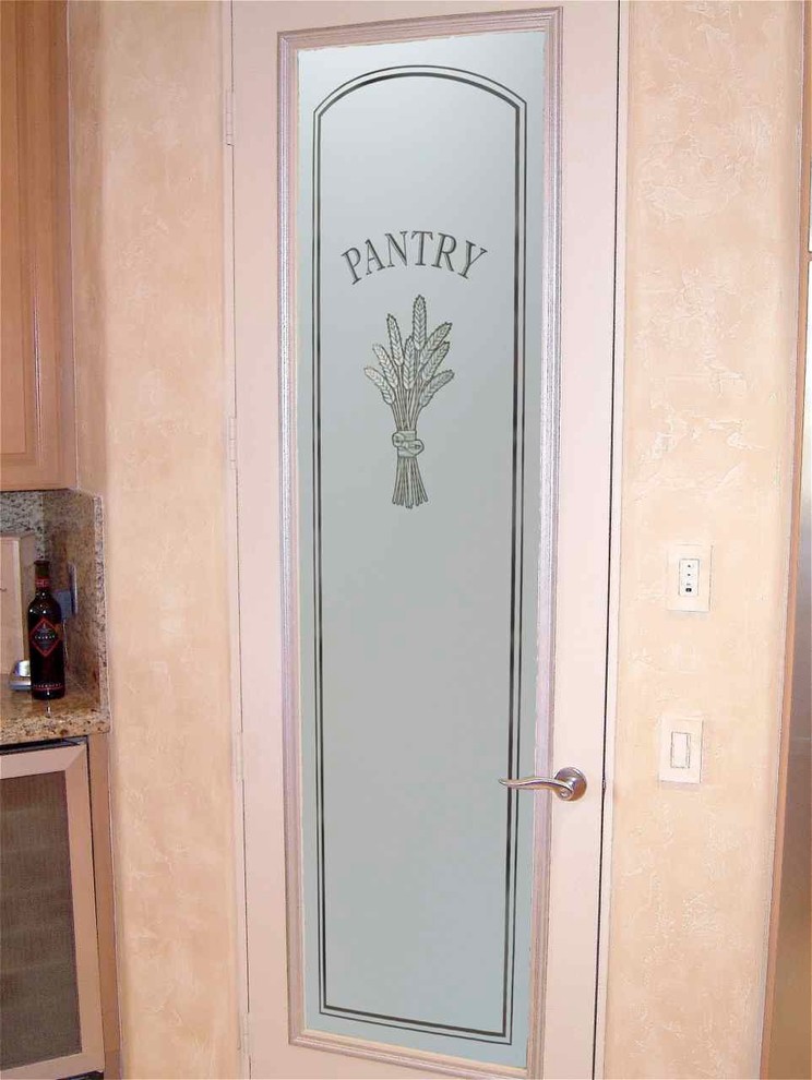 Kitchen pantry - mid-sized craftsman l-shaped ceramic tile kitchen pantry idea in Other with a double-bowl sink, raised-panel cabinets, light wood cabinets, granite countertops, beige backsplash, stone slab backsplash and white appliances