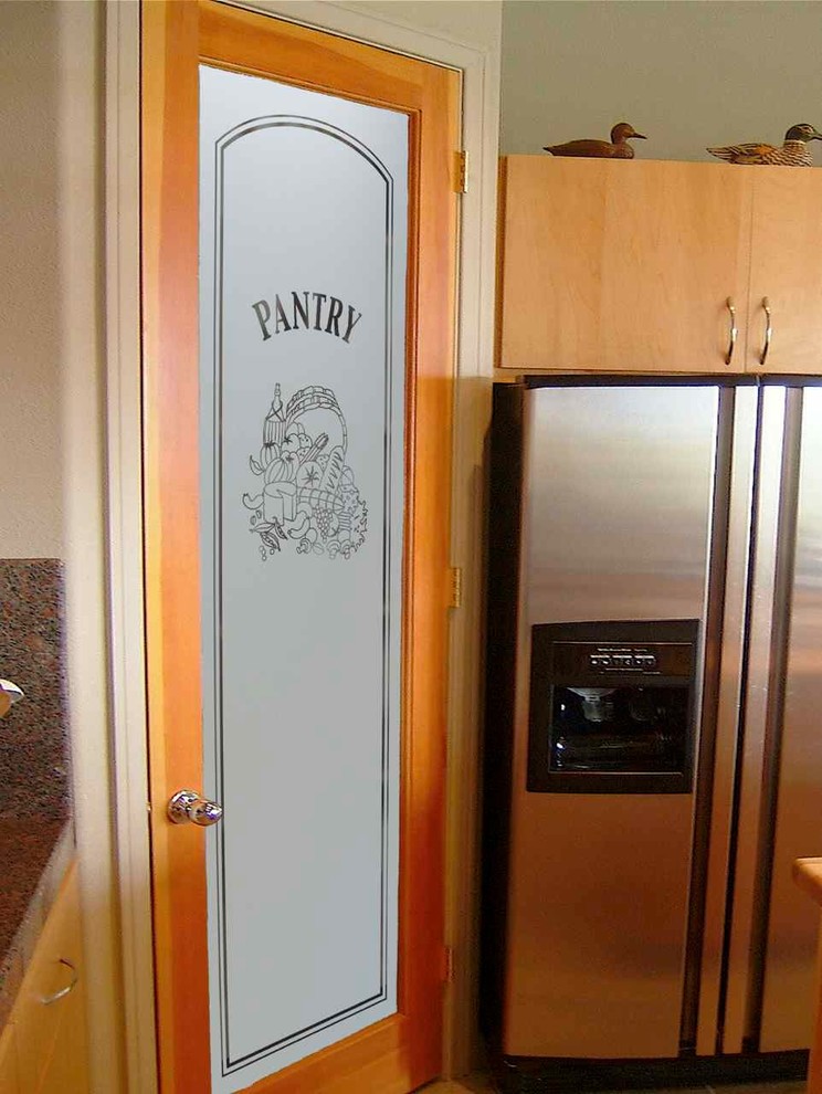 Inspiration for a mid-sized eclectic l-shaped kitchen pantry remodel in Other with raised-panel cabinets, medium tone wood cabinets, granite countertops, beige backsplash, ceramic backsplash, stainless steel appliances and an island