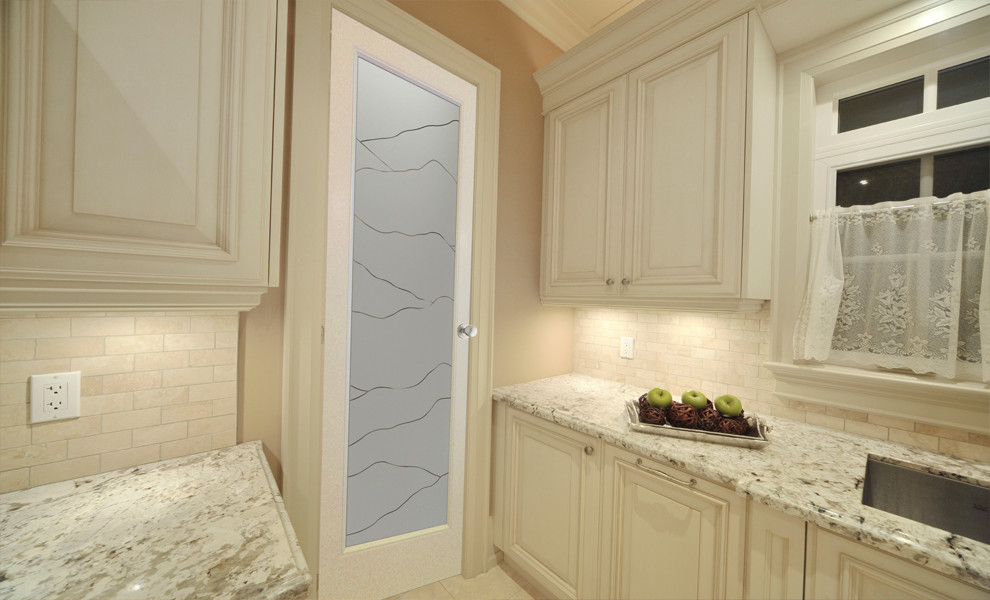 Mid-sized 1950s l-shaped ceramic tile kitchen pantry photo in Other with raised-panel cabinets, medium tone wood cabinets, granite countertops, beige backsplash, ceramic backsplash, stainless steel appliances and an island