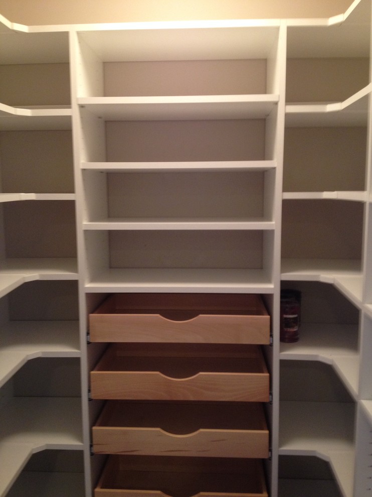 Medium sized classic u-shaped kitchen pantry in Other with open cabinets and white cabinets.