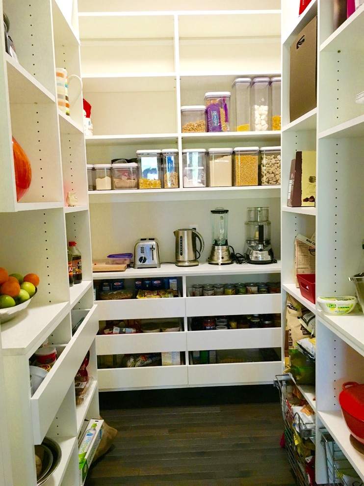 Imagen de cocina minimalista de tamaño medio con armarios abiertos, puertas de armario blancas, suelo de madera oscura y despensa