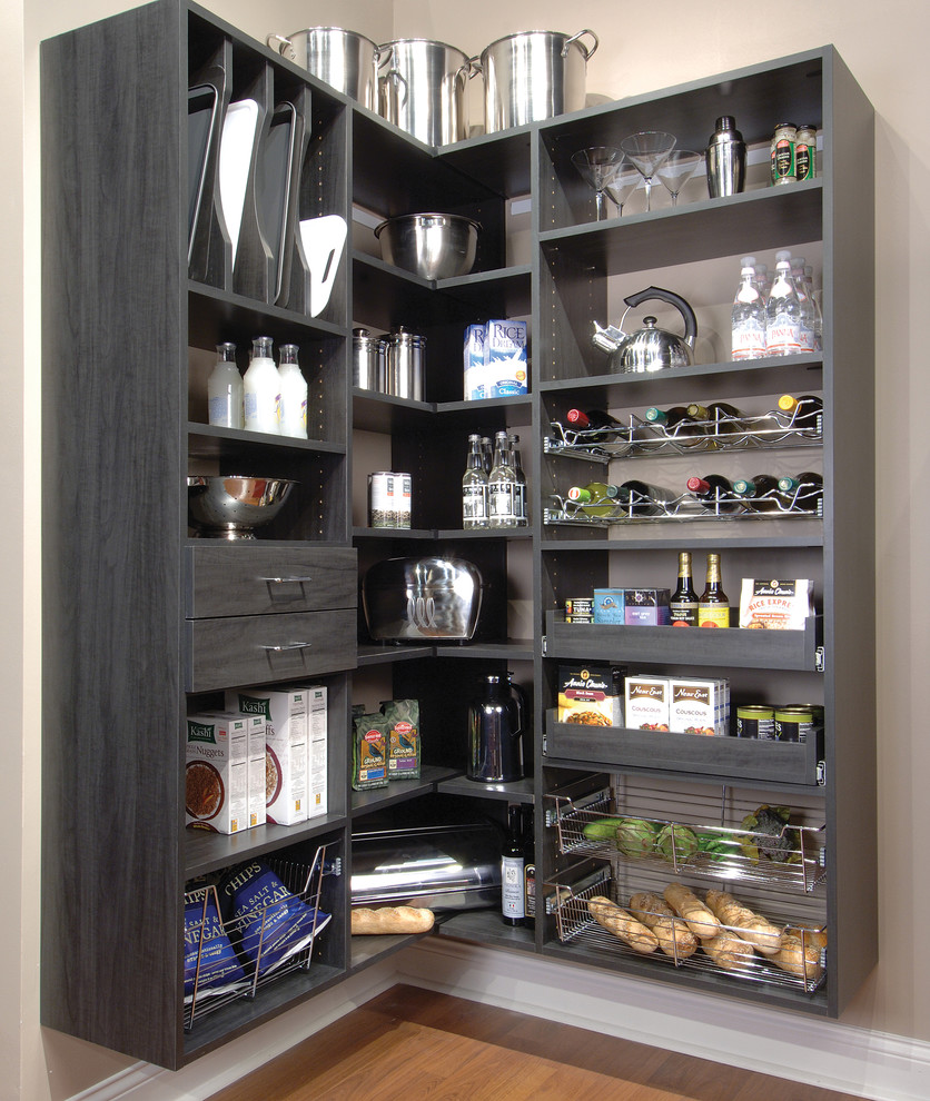 Photo of a small rural l-shaped kitchen pantry in Tampa with open cabinets, no island, dark hardwood flooring, brown floors and black cabinets.