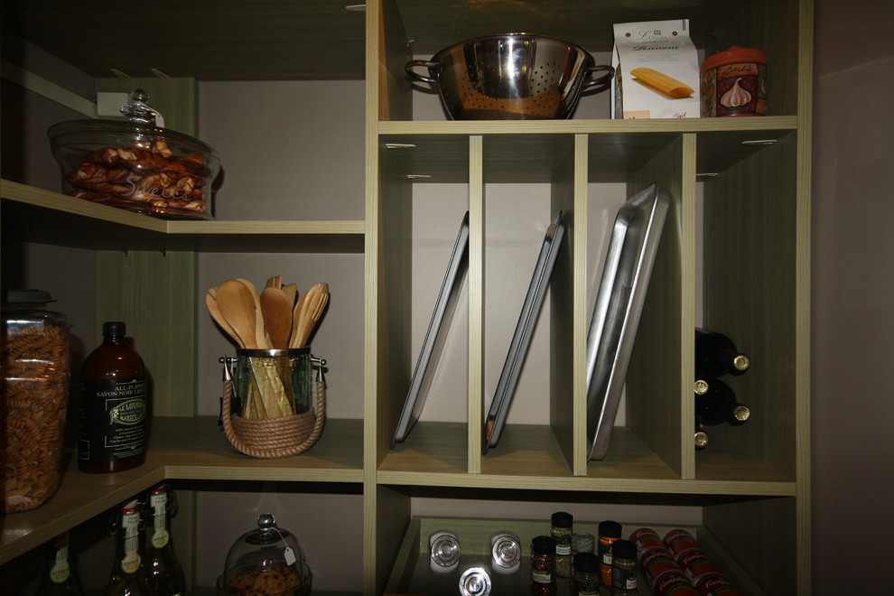 Foto de cocinas en U moderno de tamaño medio sin isla con despensa y puertas de armario verdes
