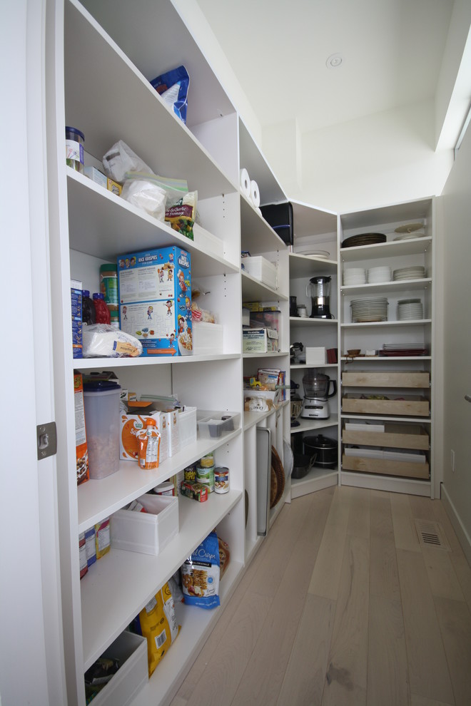 This is an example of a medium sized modern u-shaped kitchen pantry in Vancouver with white cabinets, no island and light hardwood flooring.