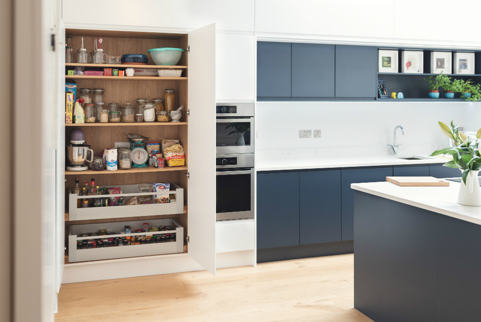 Pantry Press in White & Blue Handleless Kitchen - Modern - Kitchen ...