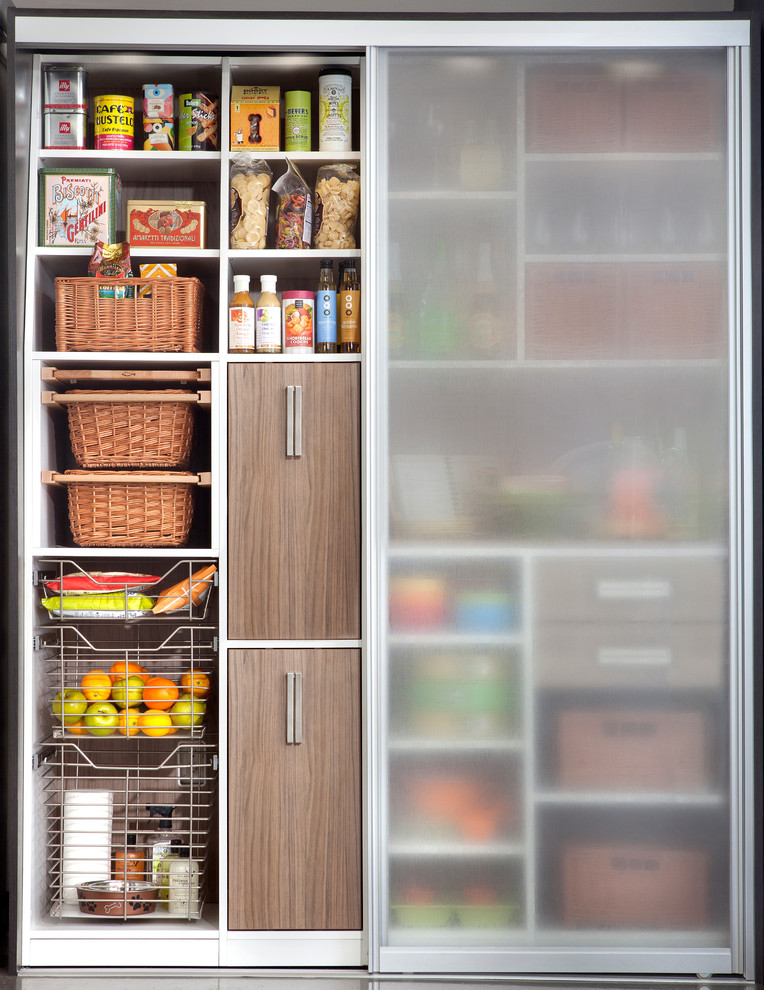 Inspiration for a mid-sized modern kitchen pantry remodel in New York with glass-front cabinets, medium tone wood cabinets and stainless steel appliances