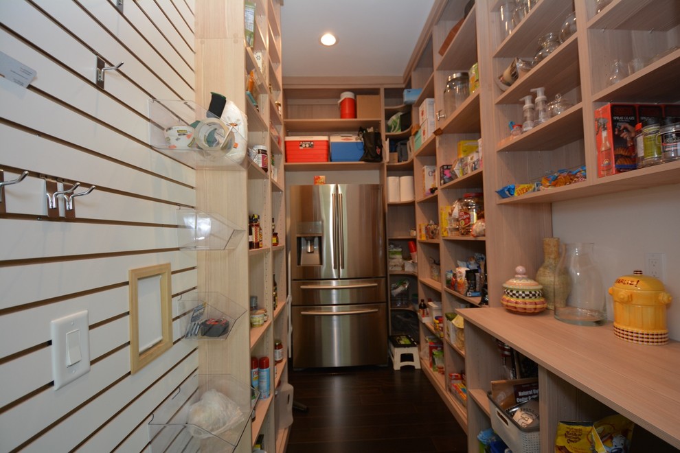 Photo of a medium sized contemporary galley kitchen pantry in Tampa with open cabinets, light wood cabinets, wood worktops and dark hardwood flooring.