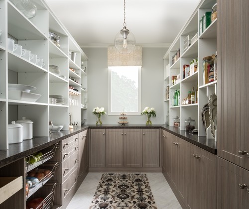 Premium RTA cabinets Canada – modern walk-in pantry with gray wood cabinets, open shelving, and dark countertops