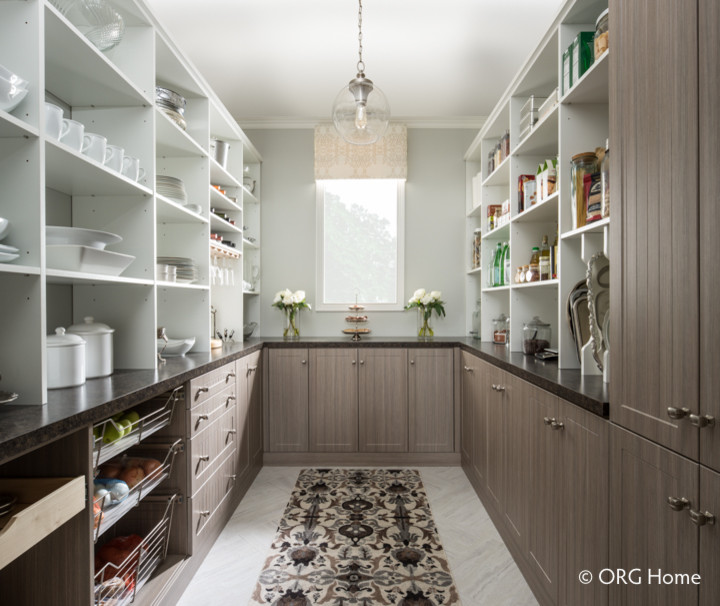 Medium sized classic l-shaped kitchen pantry in Burlington with raised-panel cabinets, white cabinets, granite worktops, stainless steel appliances, ceramic flooring, no island and white floors.
