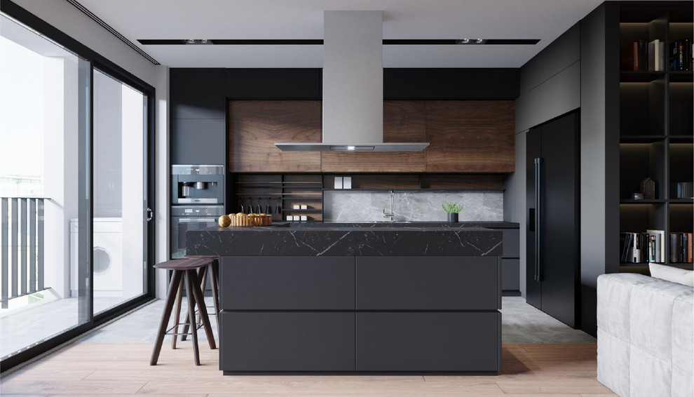 Idéer för stora funkis svart kök, med släta luckor, svarta skåp, marmorbänkskiva, stänkskydd i marmor, svarta vitvaror, grått stänkskydd, en köksö och grått golv