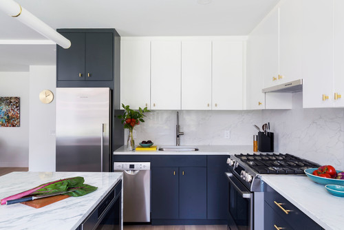 Minimalist Flat-Pack Cabinet kitchen in two-tone design with integrated lighting and sleek handle-less style