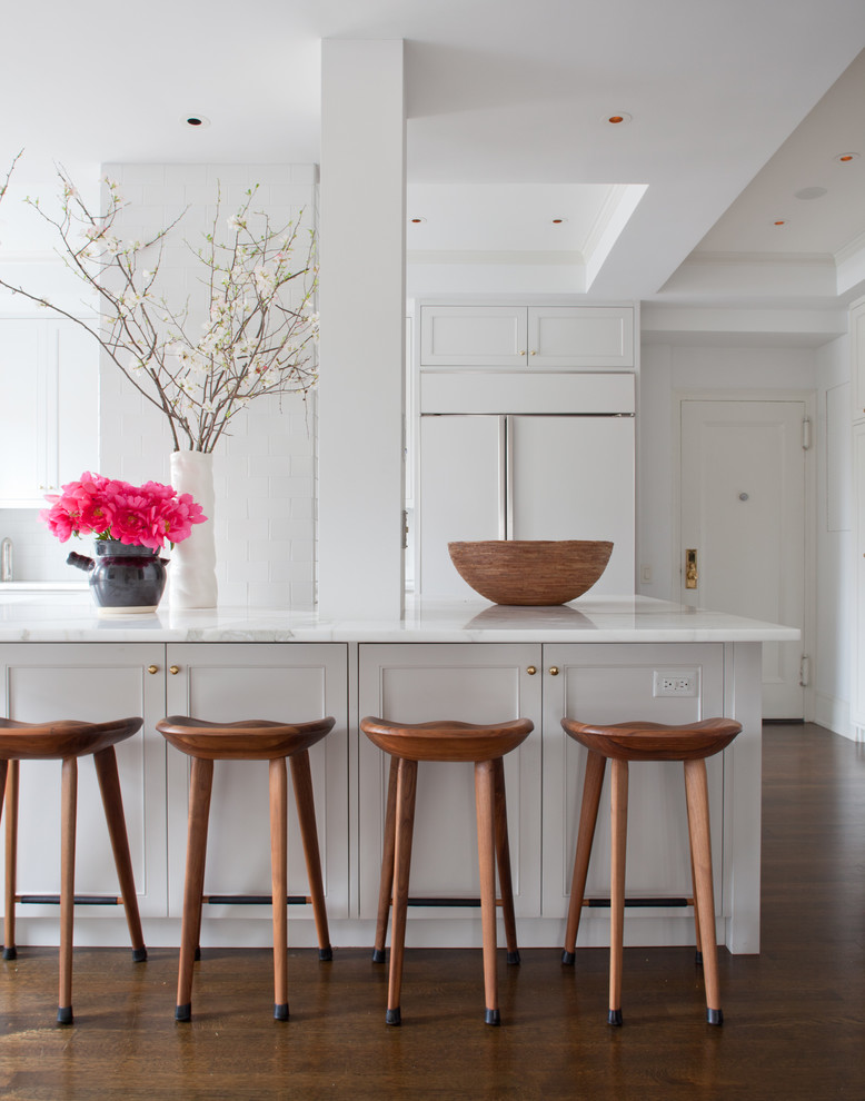 Transitional kitchen photo in New York with shaker cabinets