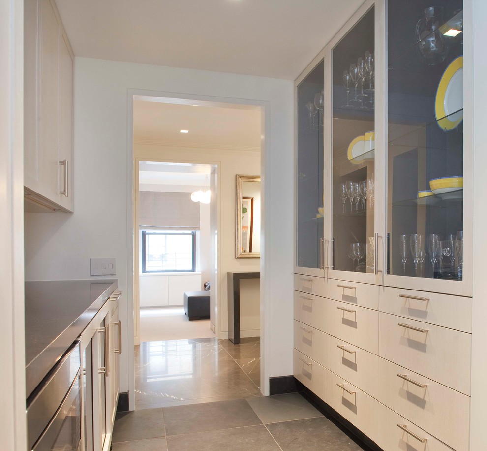 This is an example of a contemporary galley kitchen pantry in New York with flat-panel cabinets and light wood cabinets.