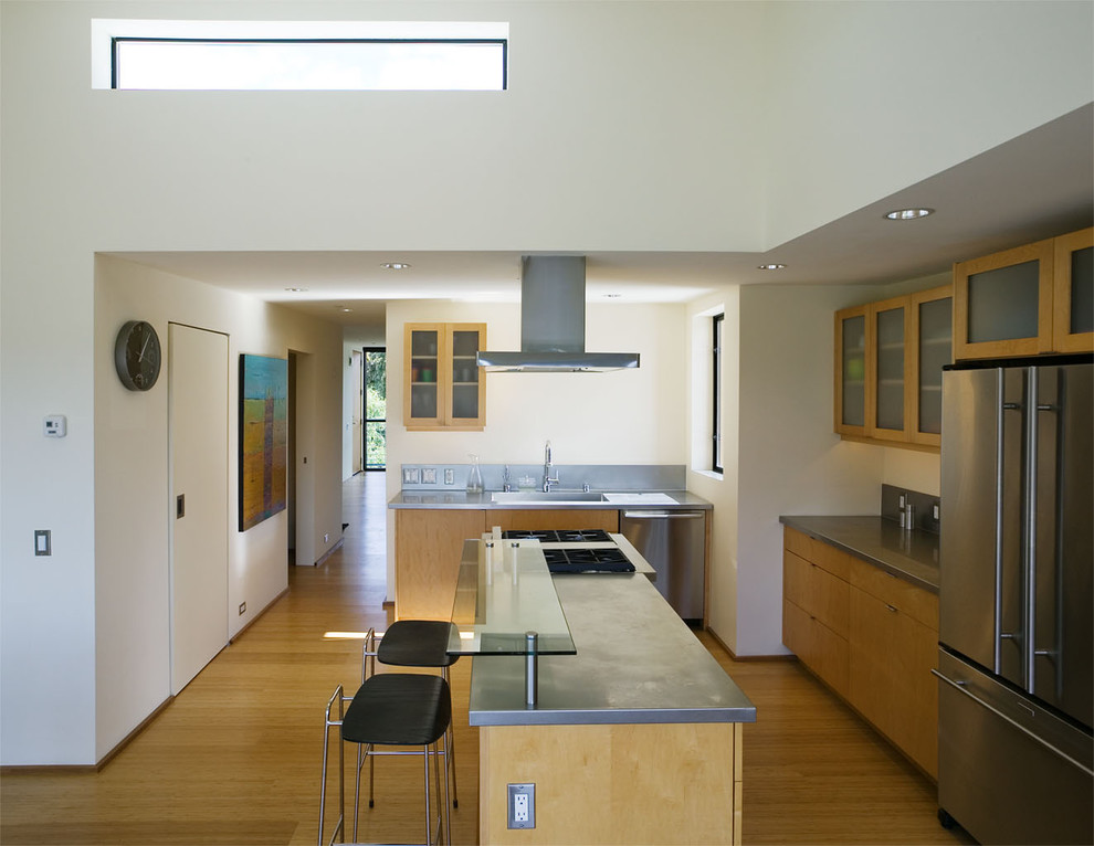 На фото: кухня в стиле модернизм с техникой из нержавеющей стали, монолитной мойкой, стеклянными фасадами и фасадами цвета дерева среднего тона