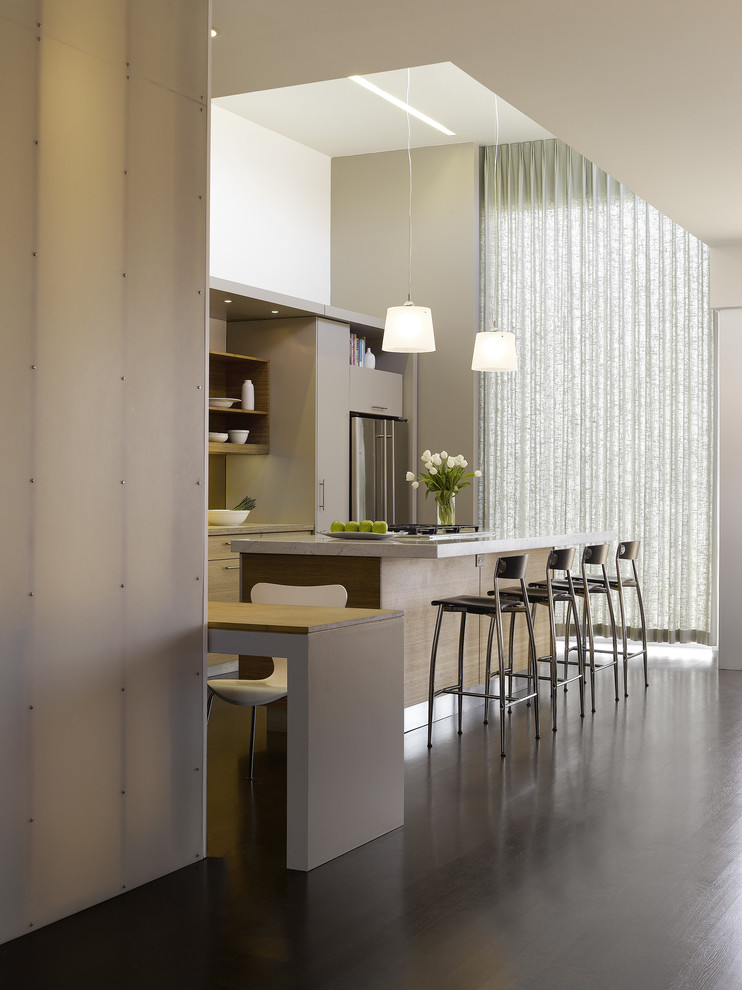 Foto de cocina contemporánea con armarios con paneles lisos, puertas de armario grises, electrodomésticos de acero inoxidable y barras de cocina