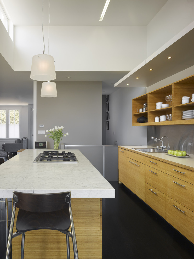 Inspiration for a mid-sized contemporary single-wall dark wood floor open concept kitchen remodel in San Francisco with a single-bowl sink, open cabinets, metallic backsplash, light wood cabinets, marble countertops, stainless steel appliances and an island