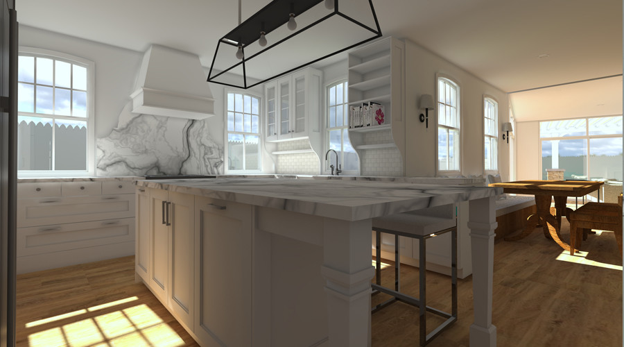 На фото: п-образная кухня-гостиная среднего размера в стиле шебби-шик с фасадами с утопленной филенкой и островом