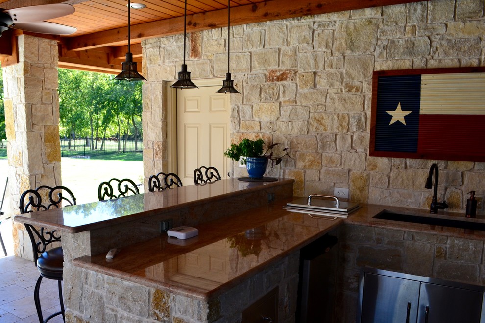 Example of a mid-sized southwest u-shaped travertine floor eat-in kitchen design in Dallas with a drop-in sink, flat-panel cabinets, stainless steel cabinets, granite countertops, beige backsplash, stone slab backsplash, stainless steel appliances and no island