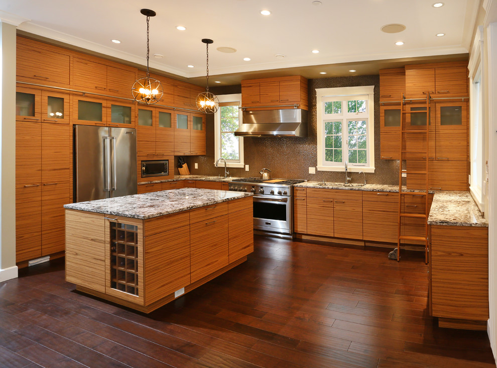 Eat-in kitchen - large l-shaped dark wood floor eat-in kitchen idea in Vancouver with a drop-in sink, flat-panel cabinets, granite countertops, multicolored backsplash, ceramic backsplash, stainless steel appliances and an island