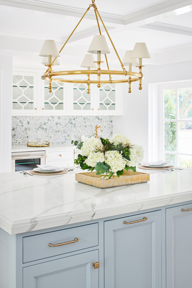 Eat-in kitchen - transitional porcelain tile and beige floor eat-in kitchen idea in Los Angeles with beaded inset cabinets, white cabinets, quartz countertops, blue backsplash, marble backsplash, stainless steel appliances and white countertops