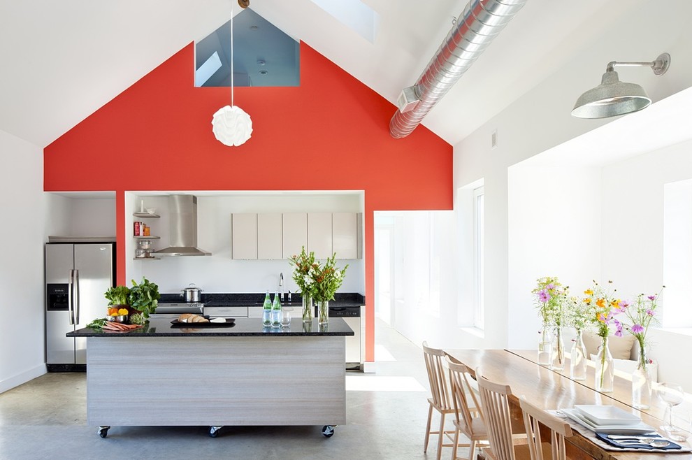 Farmhouse single-wall eat-in kitchen photo in Providence with quartz countertops
