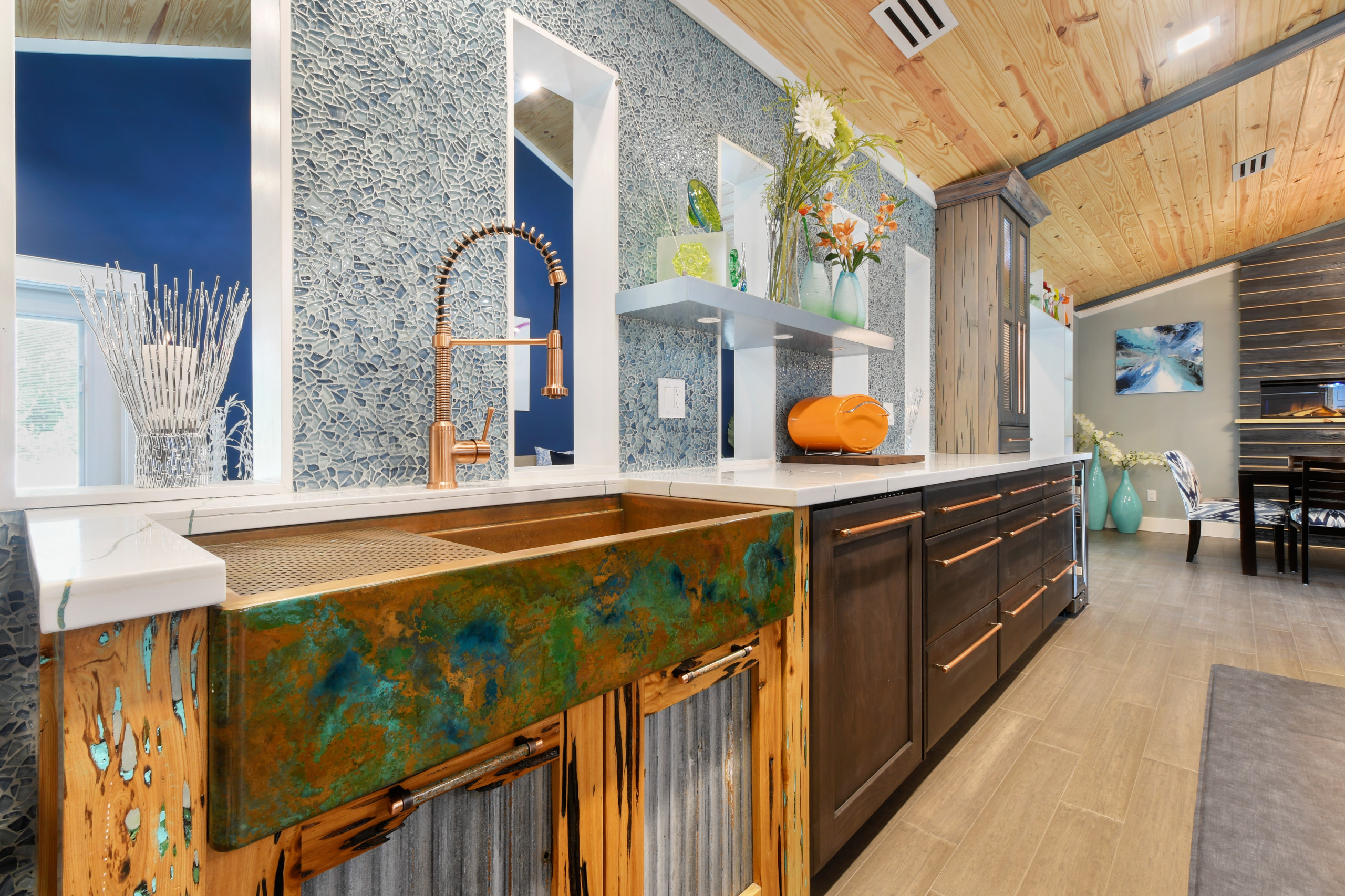 patina copper backsplash