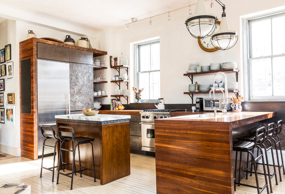 Inspiration for a mid-sized eclectic u-shaped painted wood floor and beige floor eat-in kitchen remodel in New York with a double-bowl sink, open cabinets, dark wood cabinets, zinc countertops, brown backsplash, wood backsplash, stainless steel appliances and two islands