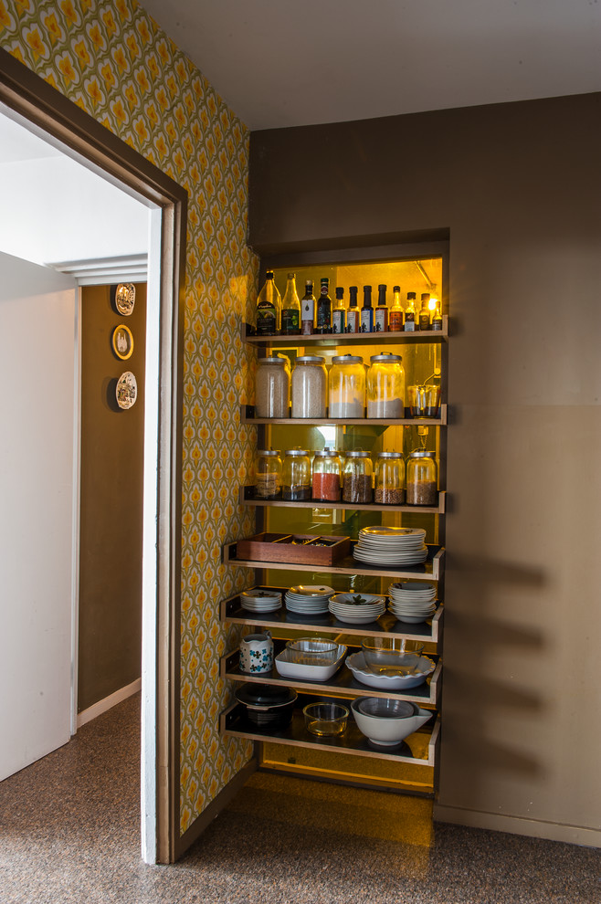 Modelo de cocina lineal retro pequeña cerrada con armarios abiertos y puertas de armario de madera en tonos medios