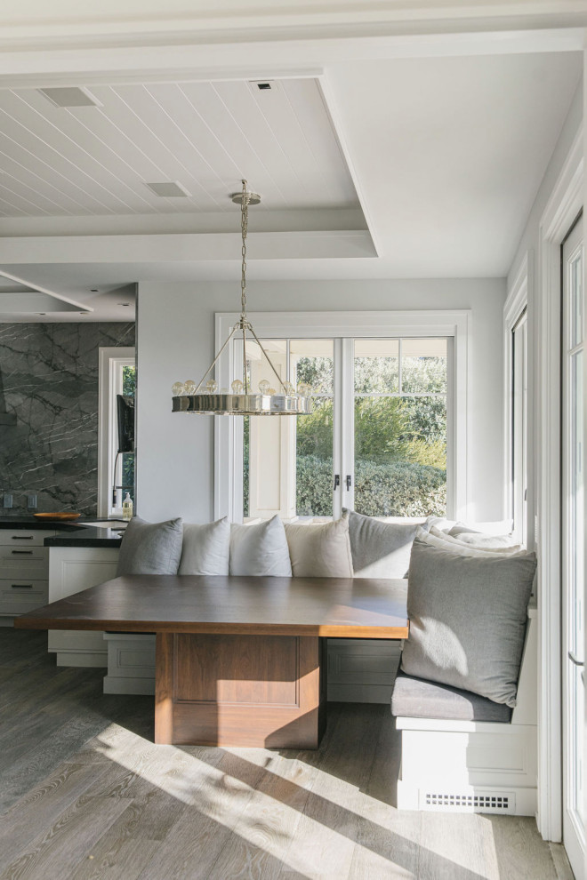 Inspiration for a large coastal light wood floor, green floor and shiplap ceiling great room remodel in Los Angeles