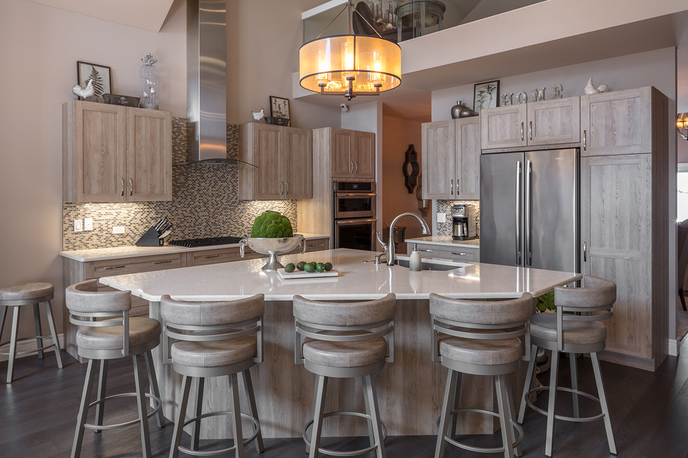 Design ideas for a small classic l-shaped kitchen/diner in Other with shaker cabinets, light wood cabinets, engineered stone countertops, stainless steel appliances, an island, a submerged sink, dark hardwood flooring and grey floors.