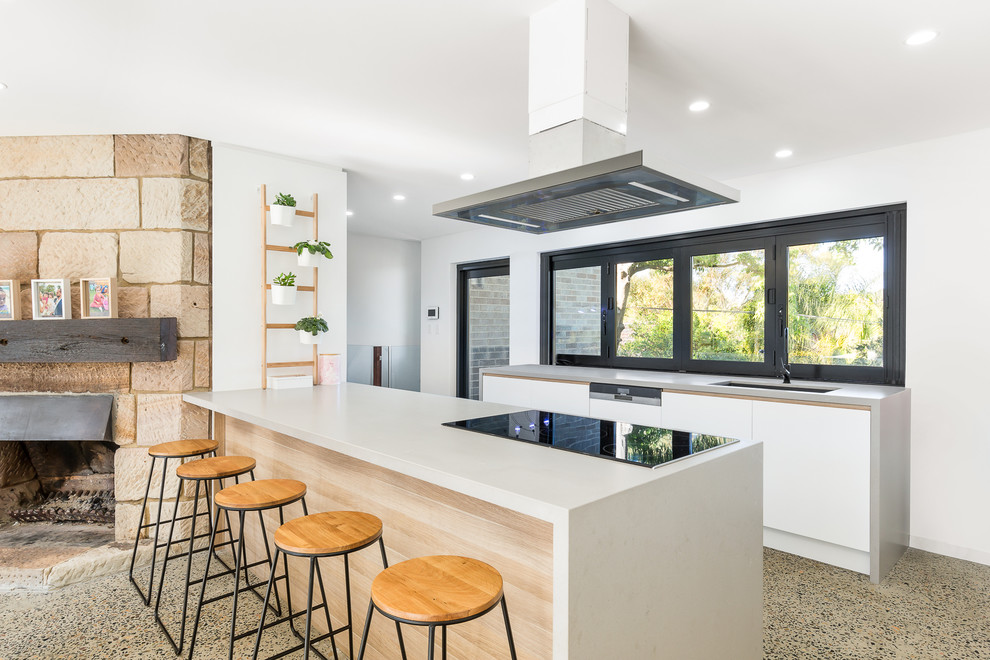 Offene, Zweizeilige Moderne Küche mit Unterbauwaschbecken, Kassettenfronten, weißen Schränken, Rückwand-Fenster, schwarzen Elektrogeräten und Halbinsel in Sydney