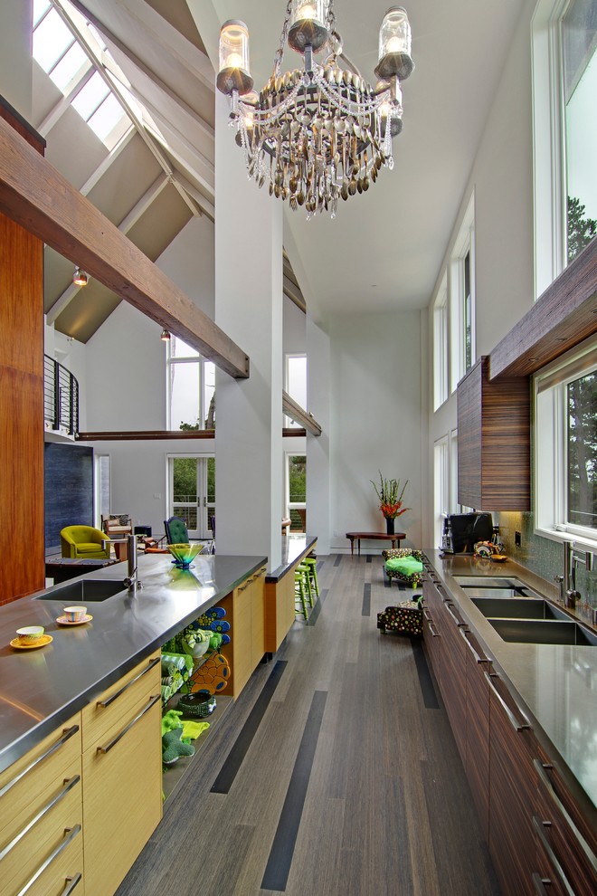 Идея дизайна: параллельная кухня-гостиная в современном стиле с плоскими фасадами и столешницей из нержавеющей стали