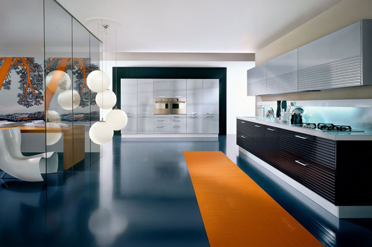 Cette image montre une cuisine minimaliste avec un sol bleu.