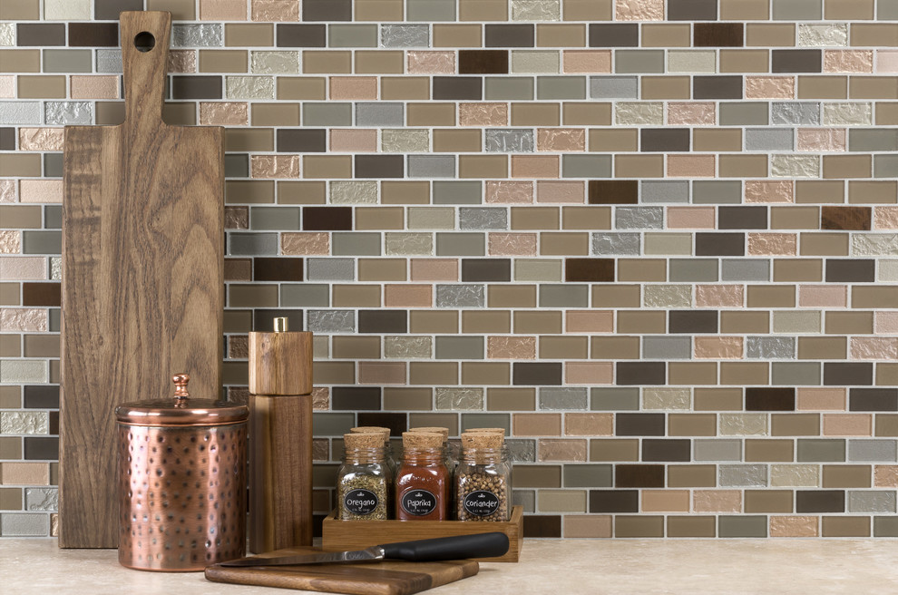Kitchen photo in Miami with beige backsplash and glass tile backsplash