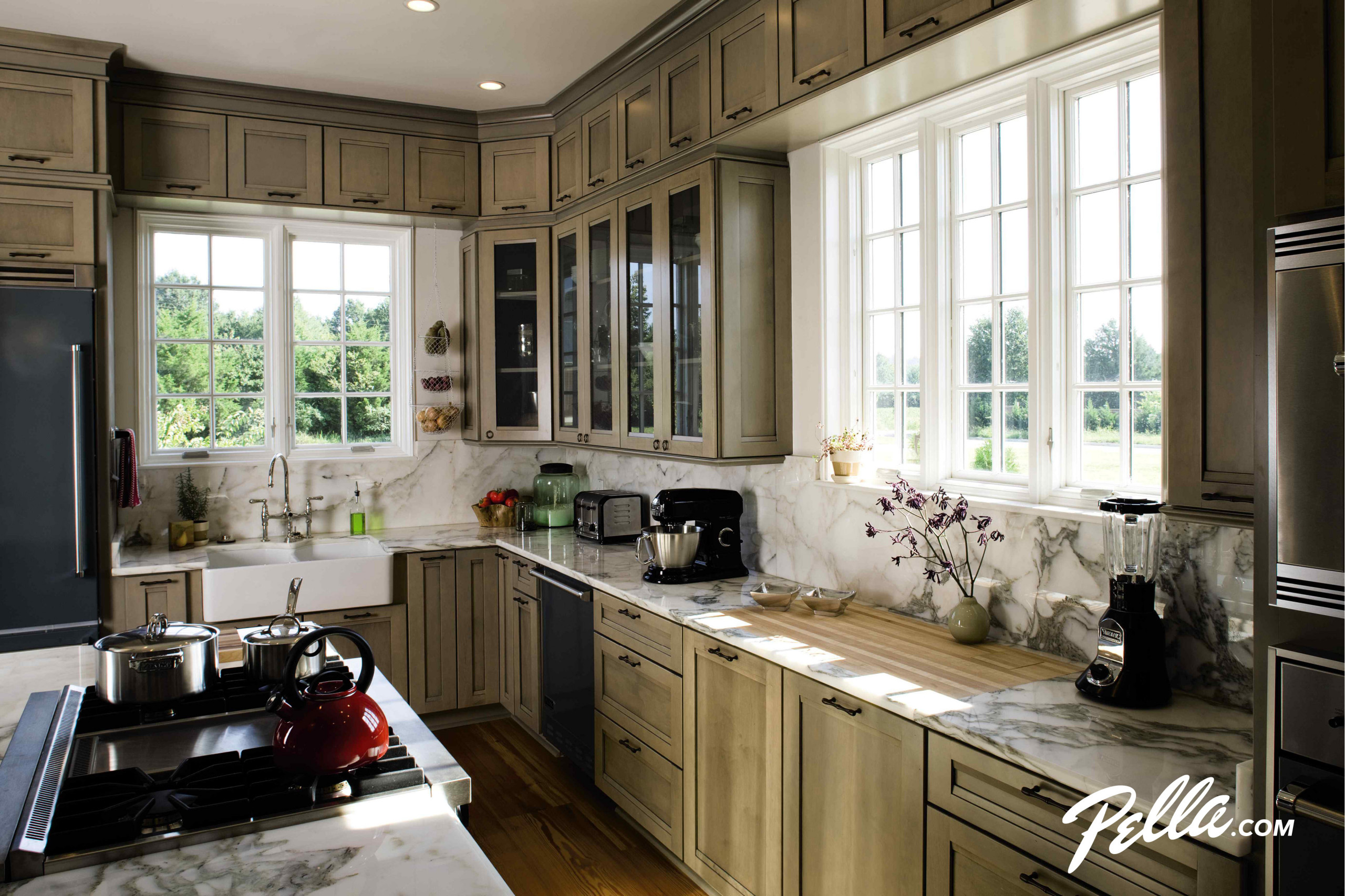 Rustic Modern Kitchen Features Black Windows with Grilles