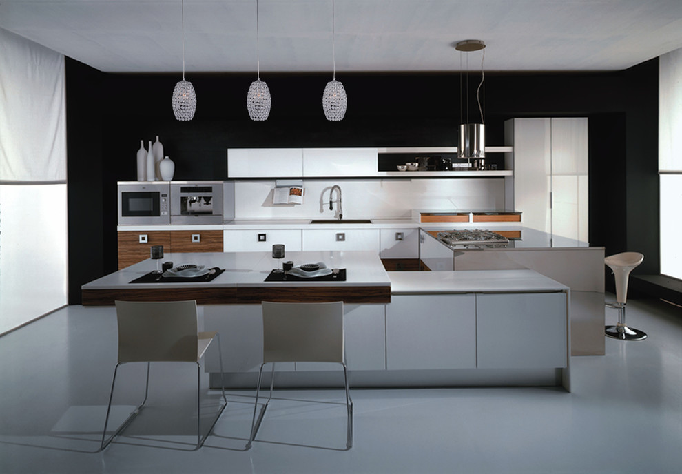 Inspiration for a medium sized industrial enclosed kitchen in New York with a built-in sink, open cabinets, white cabinets, glass worktops, white splashback, stone slab splashback, stainless steel appliances, medium hardwood flooring and multiple islands.