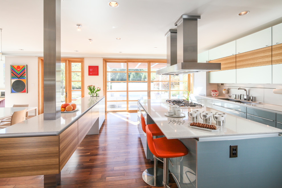 Offene Moderne Küche mit flächenbündigen Schrankfronten, grauen Schränken, braunem Holzboden und zwei Kücheninseln in Sonstige