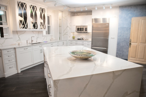 Waterfall countertops featuring PentalQuartz