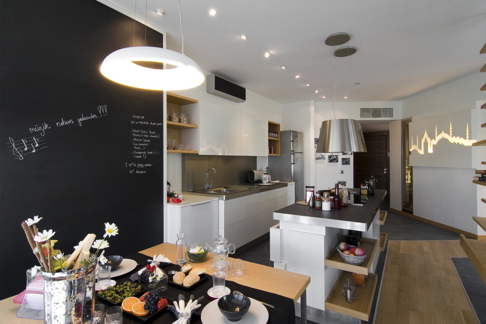 Inspiration for an industrial kitchen remodel in Other with flat-panel cabinets and white cabinets