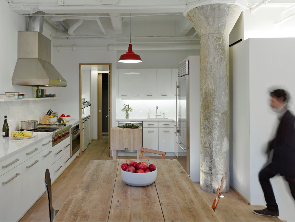 Cette image montre une cuisine minimaliste avec un placard à porte plane et un électroménager en acier inoxydable.