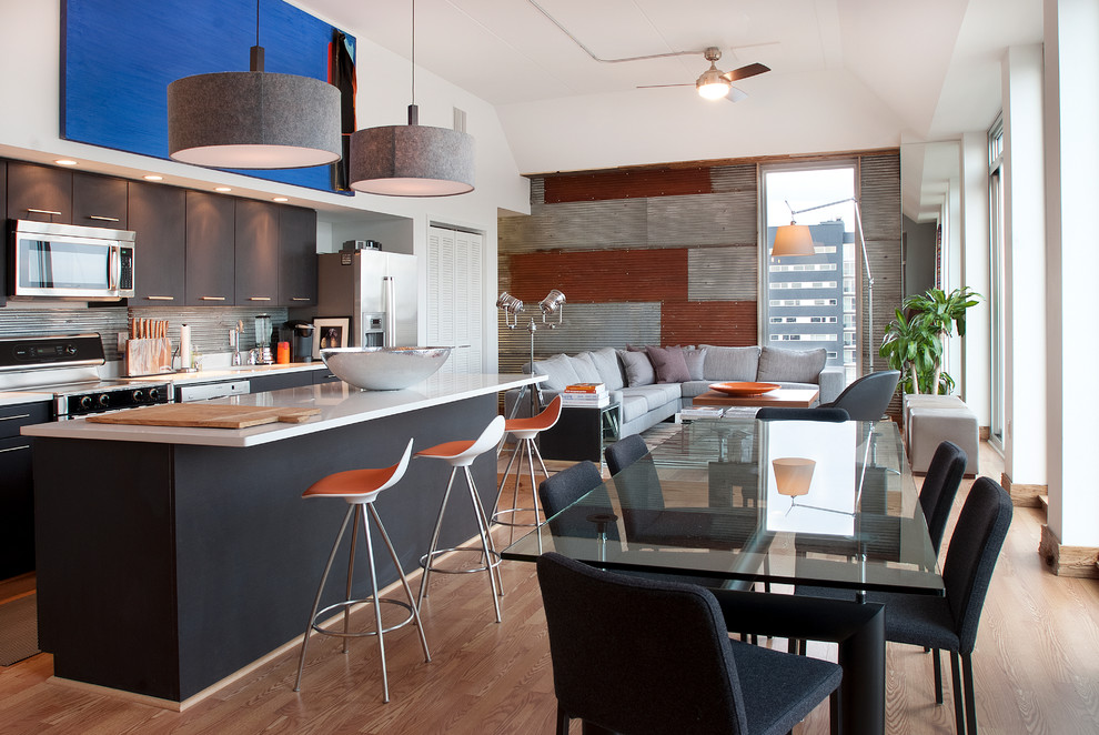 Пример оригинального дизайна: параллельная кухня-гостиная в современном стиле с плоскими фасадами, черными фасадами, техникой из нержавеющей стали и серым фартуком