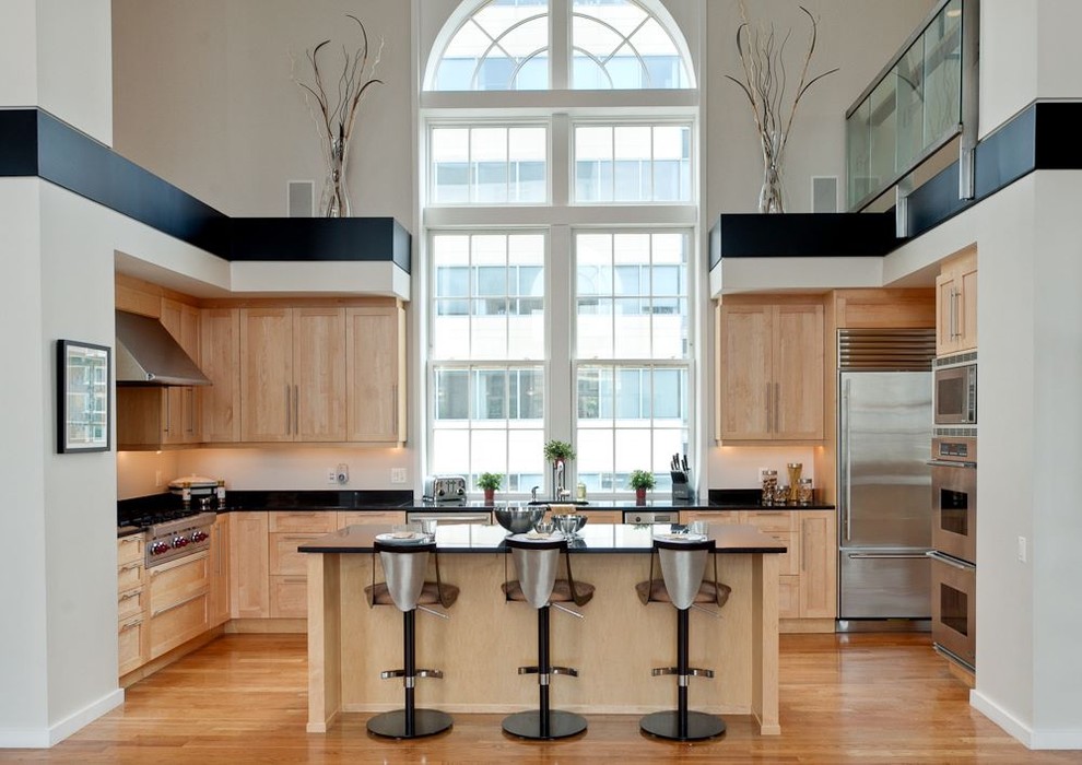This is an example of a contemporary kitchen in Philadelphia with stainless steel appliances.